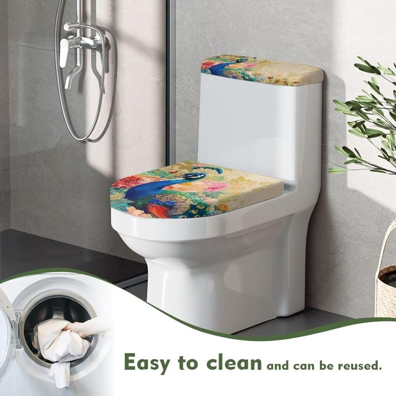 Flashideas Peacock Toilet Lid Covers and Tank Cover Set 2Pcs Toilet Seat Cover and Tank Lid Covers Toilet Lid Cover Set for Bathroom Decor Machine Washable - Image 4